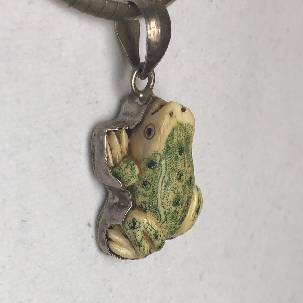 Hand painted, Hand Carved Bone Frog in Sterling Silver Setting Pendant - Natural